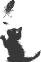 Silhouette kitten animal playing feather black color only vector