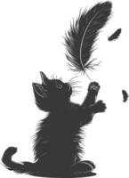 Silhouette kitten animal playing feather black color only vector