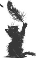 Silhouette kitten animal playing feather black color only vector