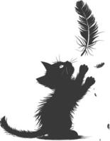 Silhouette kitten animal playing feather black color only vector