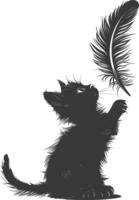 Silhouette kitten animal playing feather black color only vector