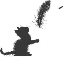 Silhouette kitten animal playing feather black color only vector