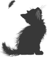 silueta gatito animal jugando pluma negro color solamente vector