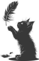 Silhouette kitten animal playing feather black color only vector