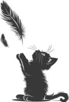 Silhouette kitten animal playing feather black color only vector