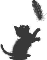 Silhouette kitten animal playing feather black color only vector