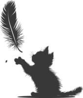 Silhouette kitten animal playing feather black color only vector