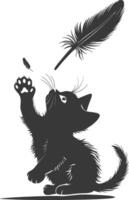 Silhouette kitten animal playing feather black color only vector