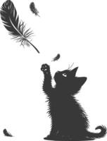 Silhouette kitten animal playing feather black color only vector