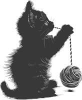 Silhouette kitten animal playing woll roll black color only vector