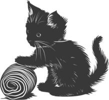 Silhouette kitten animal playing woll roll black color only vector