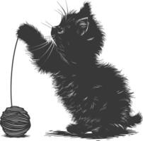 Silhouette kitten animal playing woll roll black color only vector