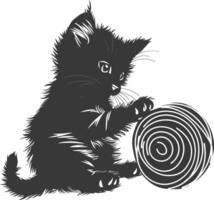 silueta gatito animal jugando lana rodar negro color solamente vector