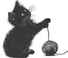 Silhouette kitten animal playing woll roll black color only vector