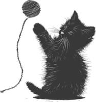 Silhouette kitten animal playing woll roll black color only vector