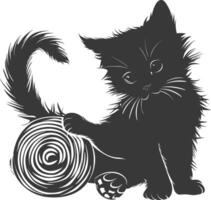 Silhouette kitten animal playing woll roll black color only vector