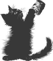 Silhouette kitten animal playing woll roll black color only vector