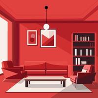 Living room flat illustration with grain texture red color vector