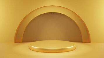 Abstract 3D podium with lighting gold color on a yellow background. Podium stage for an award ceremony or performance by an artist. Stock 3D redering illustration. photo