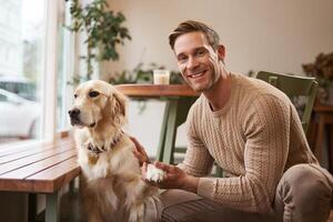 Portrait of young handsome dog-owner, spending time with his pet in a cafe, sitting indoors, looking outside window photo