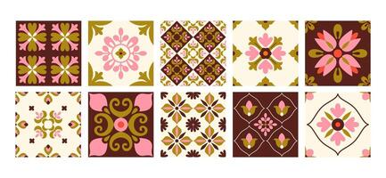 Modern abstract geometric tiles. Retro floral blocks. Patchwork, mosaic, arabesque. Background, backdrop. vector