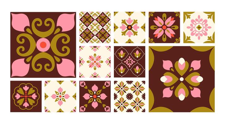 Abstract retro geometric floral blocks and tiles. Squares. Patchwork, mosaic. Background, backdrop.