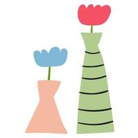 Two vases with flowers. Spring season. Flat design. Hand drawn illustration on white background. vector
