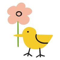 Cute little bird with flower. Hand drawn illustration. Flat design on white background. vector