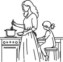 mujer y niño Cocinando a hogar línea Arte. vector