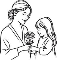 Daughter Give Mother a Flower Line Art. vector