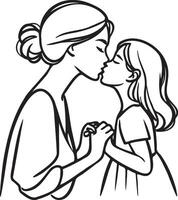 Mother and Daughter Kiss Line Art. vector