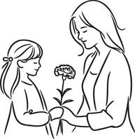 Daughter Give Mother a Flower Line Art. vector