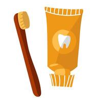 A wooden toothbrush and a tube of toothpaste. A set of tools for cleaning the oral cavity without waste. A hand-drawn flat illustration on a white background. The concept of ecology. vector