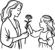 Daughter Give Mother a Flower Line Art. vector