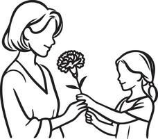 Daughter Give Mother a Flower Line Art. vector