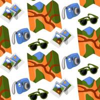 Pattern card camera photography glasses travel. Flat-style items are bright elements. The way, the rest, the journey. Tourist's kit. Mini camera, paper card, sunglasses, quick photos vector