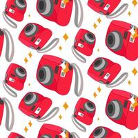 Pattern with small pink cameras. A illustration of a snapshot camera made in a flat style on a white background. A travel camera with small framed photos. Recreation, entertainment, impressions vector