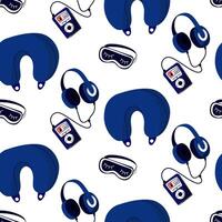 modelo de auriculares en un cable con un música jugador, un Novia y un venda para durmiendo. relajación en el forma, descanso en el la carretera ilustración en un plano estilo, repetido en un blanco. azul vector