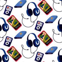 Pattern of headphones on a wire, a music player, a phone, a charger. illustration in a flat style, repeating on a white background. Blue wired headphones, pink phone, repeating on a white vector