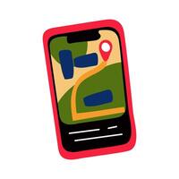 Open road map in your phone. Online navigation and GPS concept. Route management using a smartphone thanks to an online application. Smartphone with an open location app with pin codes, possible route vector