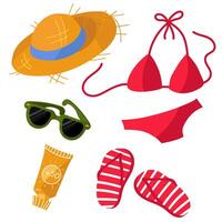 A set of beach items hat, swimsuit, glasses, sunscreen, sneakers. Tourist symbols and attributes for relaxing on the beach in a flat style are isolated on a white background vector