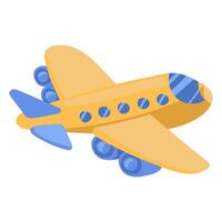 Plane is flat for children. An air plane flying up. The flight of a toy airplane. A painted airplane with flying wings. Traveling by plane. Side view of the airliner. Color flat illustration vector