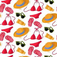 The pattern of beach items is a hat, a swimsuit, glasses, sunscreen, sneakers. Tourist symbols and attributes for relaxing on the beach in a flat style seamless textures vector