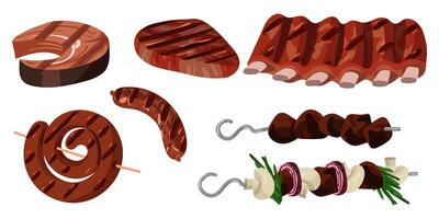 Set of grilled meat products. Sliced strips of juicy beef or pork meat, grilled, grilled shish kebab. A ready-made dish for a restaurant, a menu for a cafe, a banner with a place to copy on a white vector