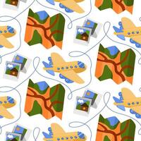 The pattern is a travel map, an airplane, and photos. Hand-drawn seamless travel pattern. Background with doodles during the summer holidays. Stock drawing of necessary things for travel vector