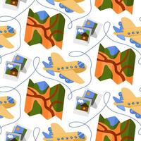 The pattern is a travel map, an airplane, and photos. Hand-drawn seamless travel pattern. Background with doodles during the summer holidays. Stock drawing of necessary things for travel vector