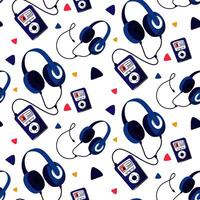 Pattern of headphones on a wire the size of a music player. Wired headphones, headphones with a cord connected to the player, illustration in a flat style, repeating on a white. Blue Wired vector