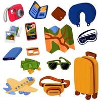 Travel kit. A bag and of accessories for tourists. Set of things for traveling and relaxing on the beach. Suitcase, backpack, clothes, cosmetics, shoes, passport. Flat illustration isolated vector