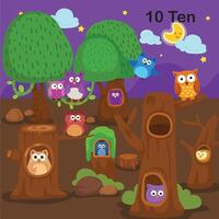 Flashcard number ten with 10 owl learning for kid illustration vector