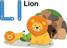 alfabeto letra l-león con dibujos animados vocabulario ilustración, vector